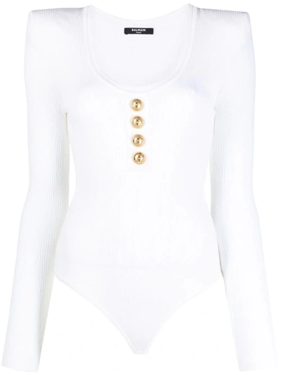Shop Balmain Long-sleeved White Knit Bodysuit