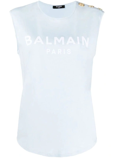 Shop Balmain Light Blue Cotton T-shirt With Flocked White  Logo