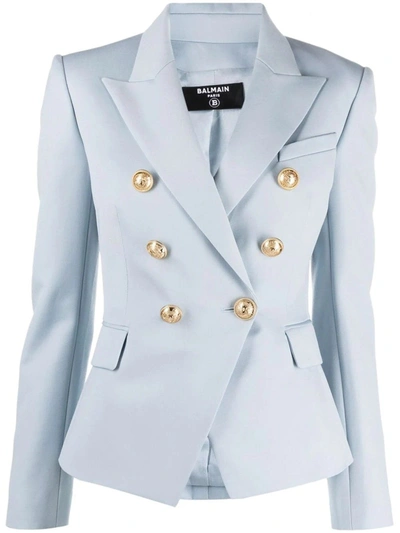 Shop Balmain Pale Blue Grain De Poudre Double-breasted Jacket