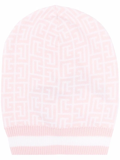 Shop Balmain Pale Pink And White Wool Beanie With  Monogram In Multicolore