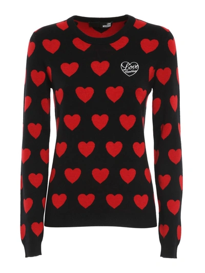 Shop Love Moschino Crewneck Viscose Blend Heart Sweater In Black