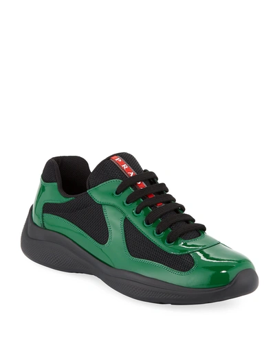 Shop Prada Men's America's Cup Patent Leather Patchwork Sneakers In Green