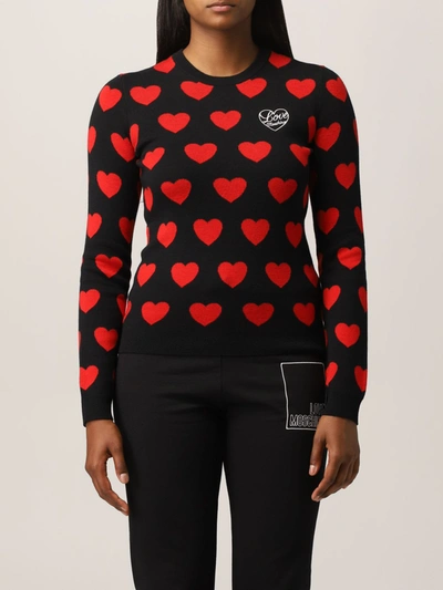 Shop Love Moschino Sweater Hearts Jacquard Crewneck In Black