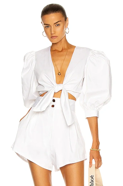 Shop Adriana Degreas Solid Puff-sleeved Cropped Blouse In White