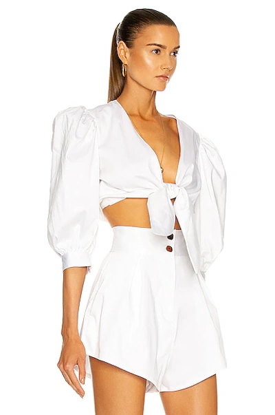 Shop Adriana Degreas Solid Puff-sleeved Cropped Blouse In White