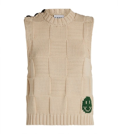 Shop Ganni Smiley Graphic Sweater Vest In Beige