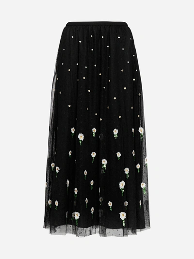 Shop Red Valentino Floral Embroidered Tulle Midi Skirt