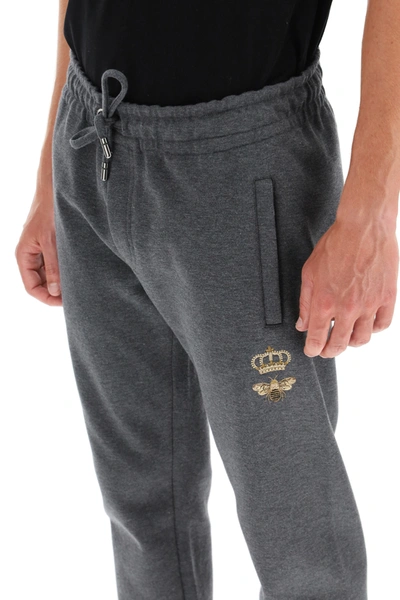 Shop Dolce & Gabbana Jogging Trousers With Bee And Crown Lurex Embroidery In Grey,gold