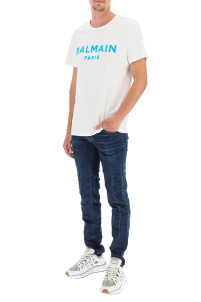 Shop Balmain T-shirt With Flocked Logo In White,blue
