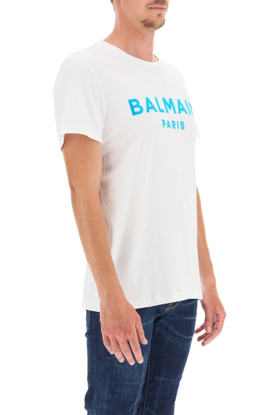 Shop Balmain T-shirt With Flocked Logo In White,blue