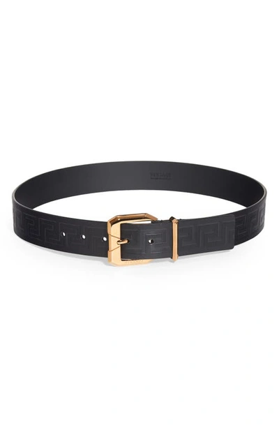 Shop Versace Greca Embossed Leather Belt In Black/ Gold