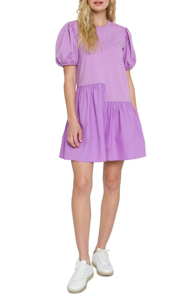 English Factory Puff Shoulder Mixed Media Minidress In Lilac