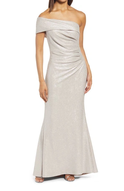 Shop Eliza J One-shoulder Glitter Mermaid Gown In Beige