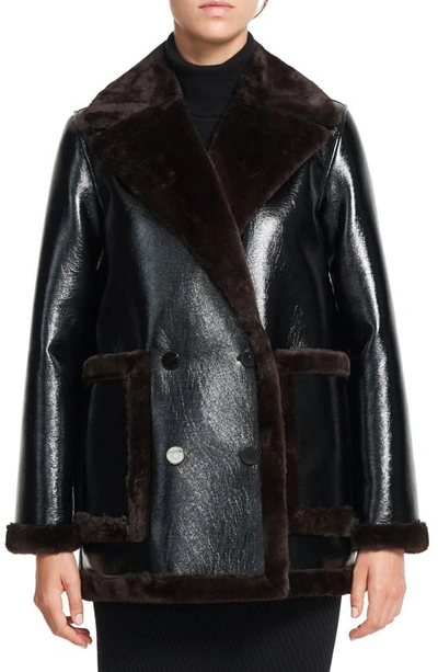 Shop Theory Faux Leather & Faux Fur Peacoat In Espresso