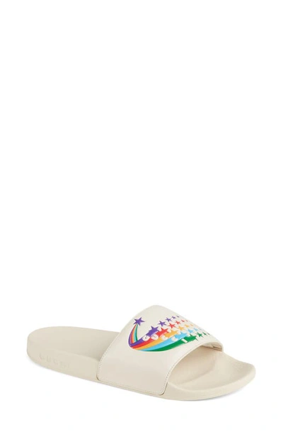 Shop Gucci Pursuit Logo Slide Sandal In Mystic White