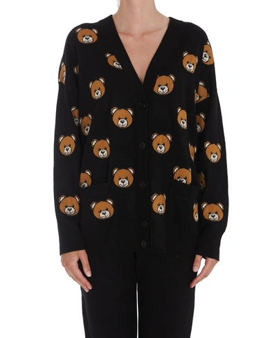 Shop Moschino Allover Teddy Bear Cardigan In Black