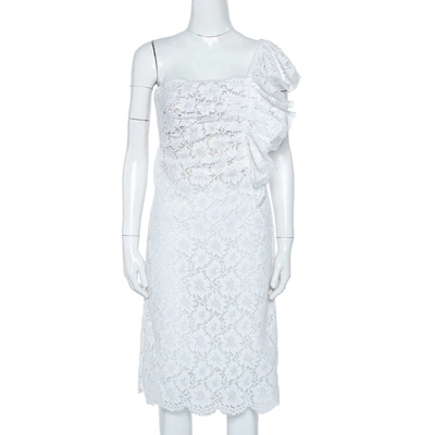 Pre-owned Valentino White Lace Ruffle Detail One Shoulder Midi Dress M