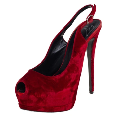 Pre-owned Giuseppe Zanotti Red Velvet Peep Toe Slingback Platform Sandals Size 38.5