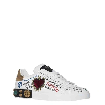 Pre-owned Dolce & Gabbana White Portofino Leather Patch Embroidery Sneakers Size Eu 42.5