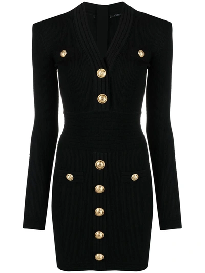 Shop Balmain Button-detail Ribbed Mini-dress In Black