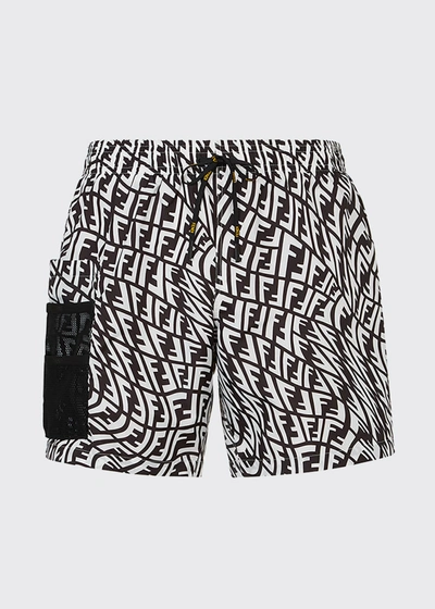 Shop Fendi Men's Ff Vertigo Swim Shorts In Tabaccomoro