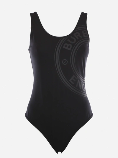 Shop Burberry Stretch Nylon Swim Shorts With Tone-on-tone Logo Print In Black