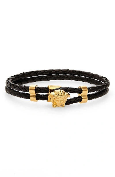 Shop Versace Medusa Braided Leather Bracelet In Black