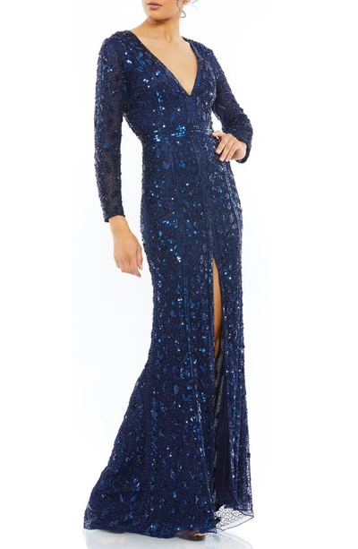 Shop Mac Duggal Embellished Long Sleeve Evening Gown In Midnight