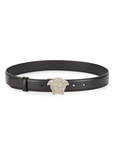 Shop Versace Women's Crystal-embellished Medusa Leather Belt In Black Vers