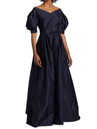 Shop Carolina Herrera Off-the-shoulder Puff-sleeve Button-down Gown In Melon
