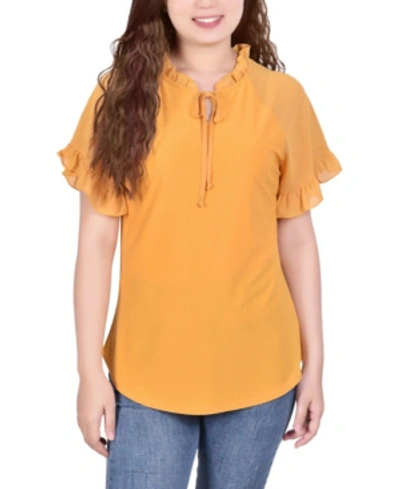 Shop Ny Collection Petite Chiffon Short Ruffled Sleeve Crepe Knit Top In Kumquat