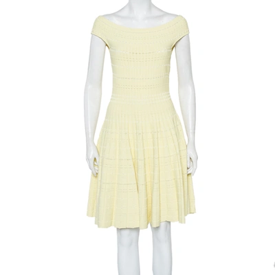 Pre-owned Alexander Mcqueen Yellow Knit Flared Off Shoulder Dress L