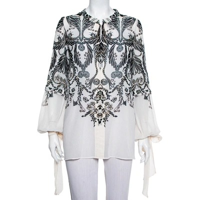 Pre-owned Just Cavalli Monochrome Printed Silk Sleeve Tie Detail Top M In White