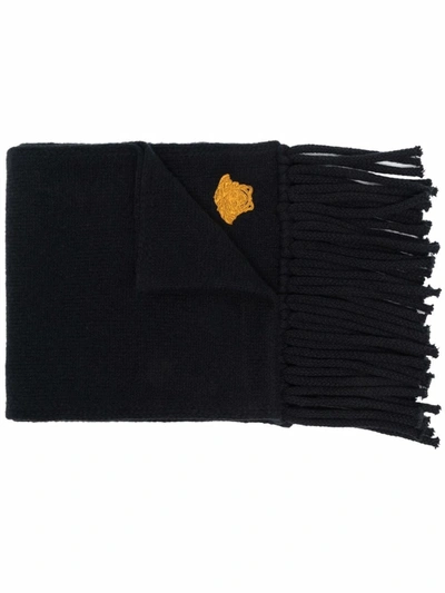 Shop Versace Embroidered-motif Fringed-edge Scarf In Schwarz