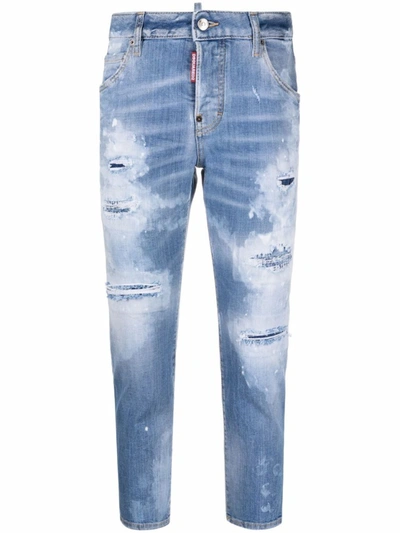 Shop Dsquared2 Light Blue Ripped-detail Cropped Jeans