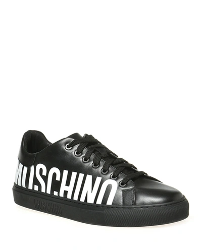 Shop Moschino Men's Logo Leather Low-top Sneakers In Black
