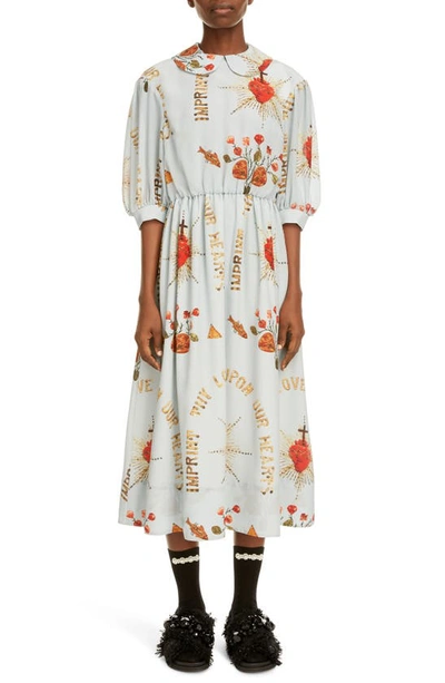 Shop Simone Rocha Print Puff Sleeve Silk Dress In Blue