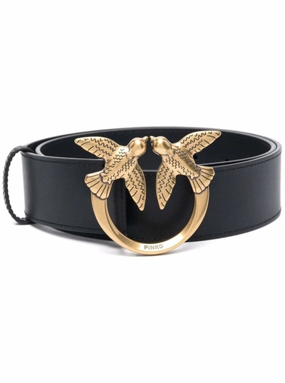 Shop Pinko Black Leather Belt With Love Birds Buckle