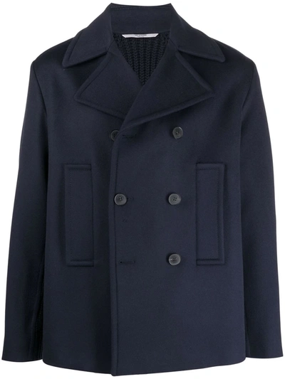 Shop Valentino Ribbed-panel Double-breasted Coat In Blau