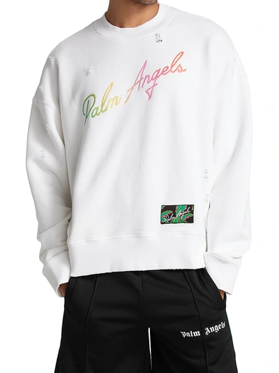 Shop Palm Angels Men's Distressed Miami Logo Crewneck Sweatshirt In White Multi