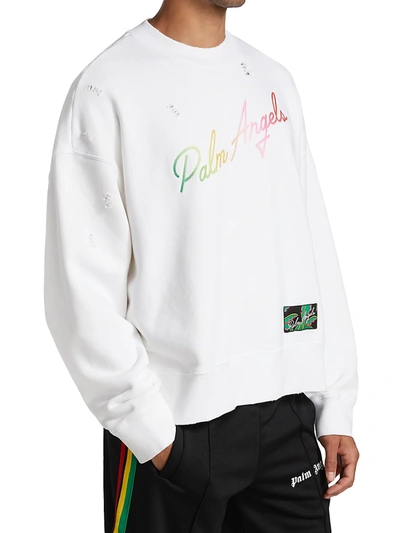Shop Palm Angels Men's Distressed Miami Logo Crewneck Sweatshirt In White Multi
