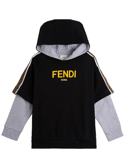Shop Fendi Kids Logo Printed Layered Hoodie In Black