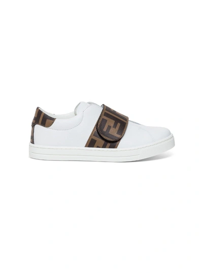 Shop Fendi Kids Monogram Strap Sneakers In White