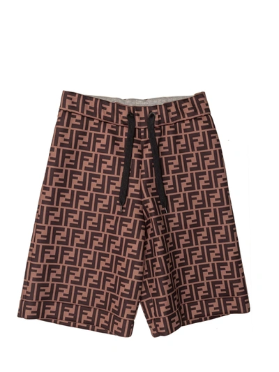 Shop Fendi Kids Ff Motif Drawcord Shorts In Brown