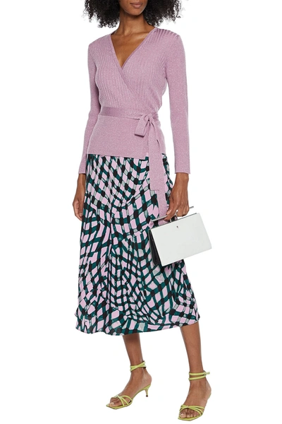 Shop Diane Von Furstenberg Bonnie Metallic Ribbed Merino Wool-blend Wrap Top In Lilac