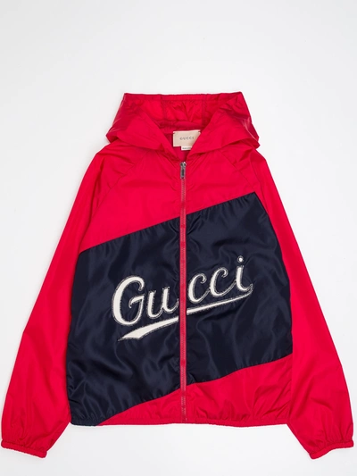 Shop Gucci Kids Logo Script Hooded Jacket In Red