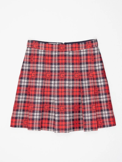 Shop Gucci Kids Square G Checked Pleated Skirt In Red