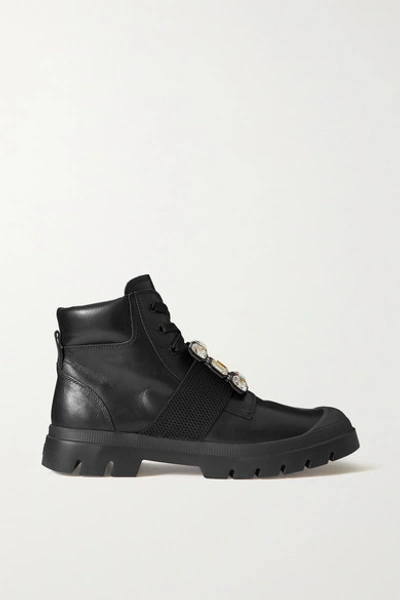Shop Roger Vivier Walky Viv' Crystal-embellished Leather Ankle Boots In Black