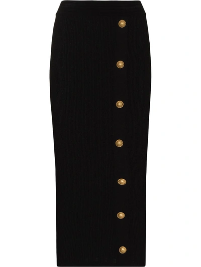 Shop Balmain Six Button Midi Skirt In Black