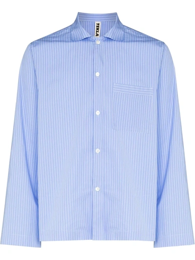 Shop Tekla Pinstriped Poplin Pajama Shirt In Blue